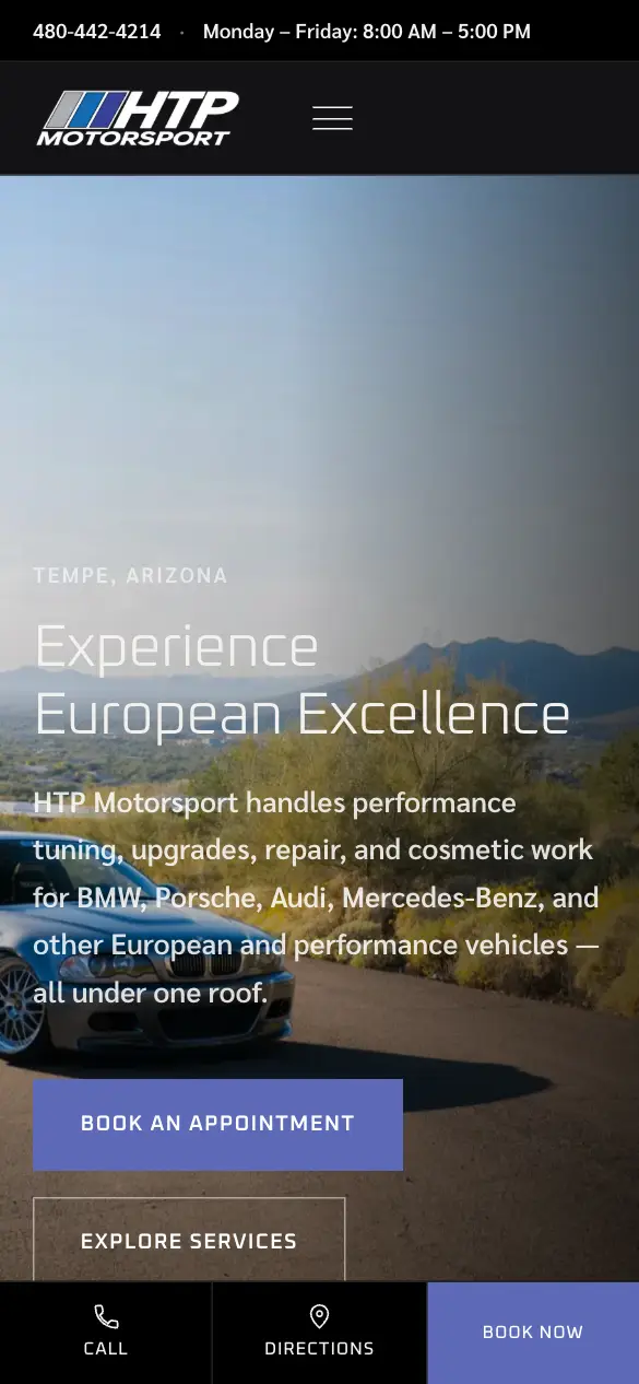HTP Motorsport website — mobile view