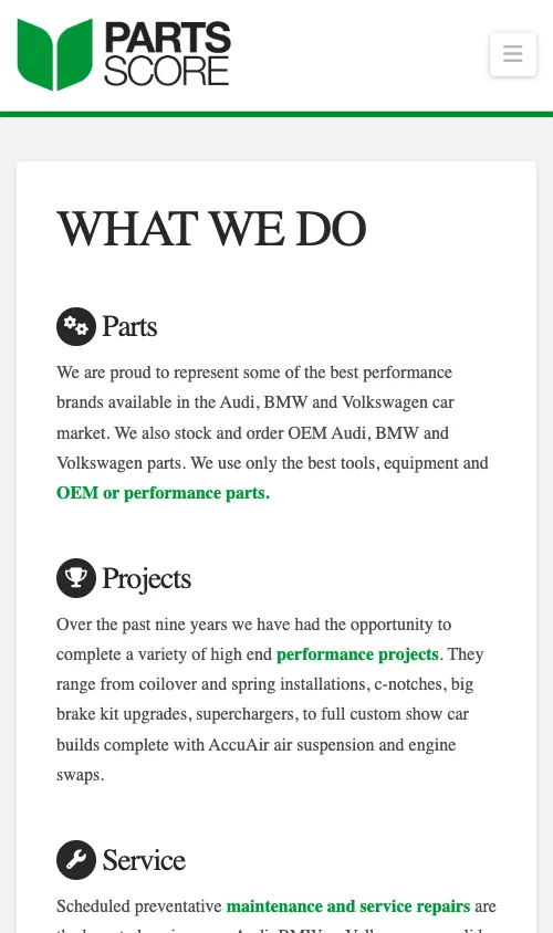 Parts Score website — mobile view