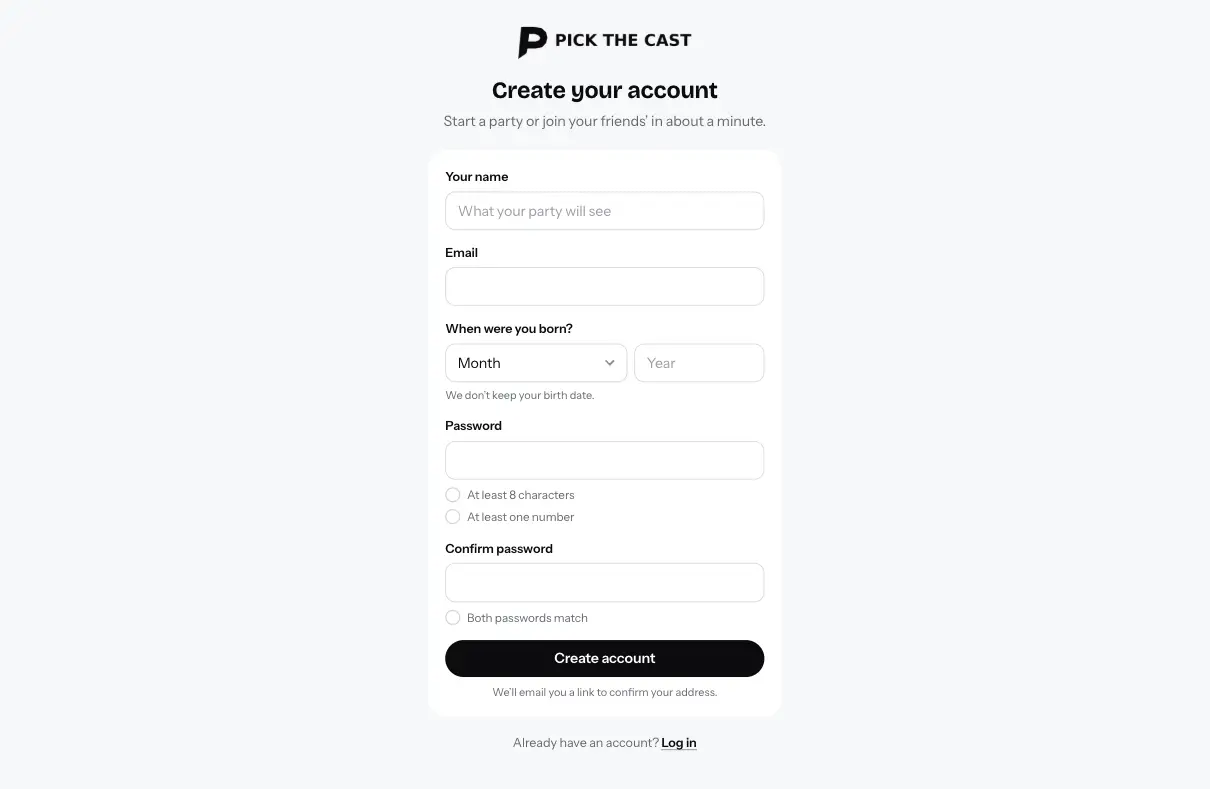 Pick the Cast — Sign up page