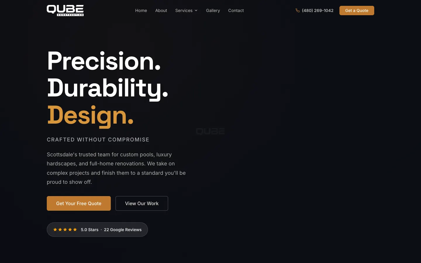 Qube Construction website — desktop view