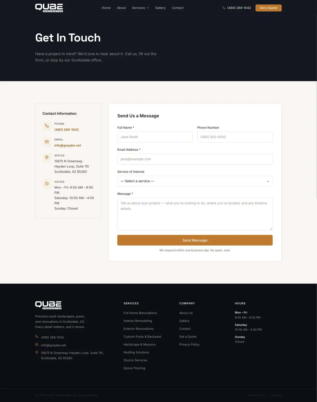 Qube Construction — Contact page