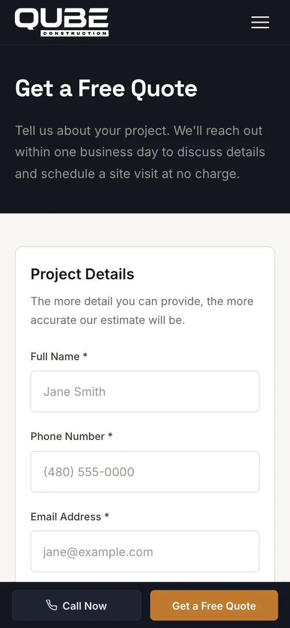 Qube Construction — Quote request on a phone