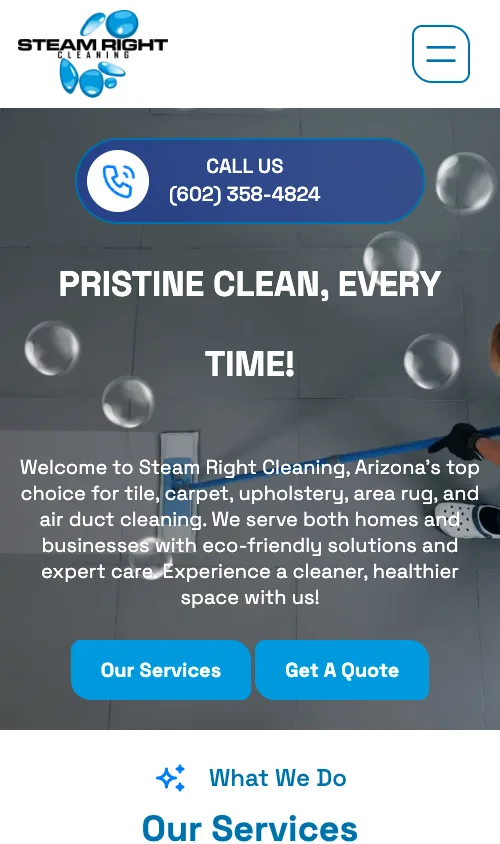 Steam Right Cleaning website — mobile view